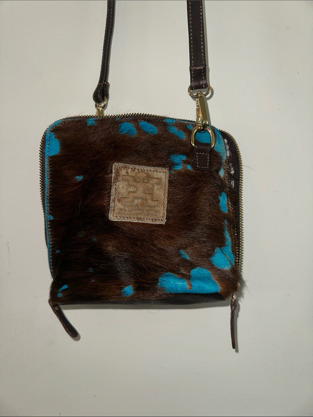 Charlie’s Leather Brown & Turquoise Cowhide Crossbody Bag with Leather Strap